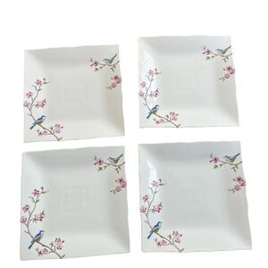Lot Of 4 222 Fifth Feathered Friends Birds Floral Square Dinner Plate, Scalloped